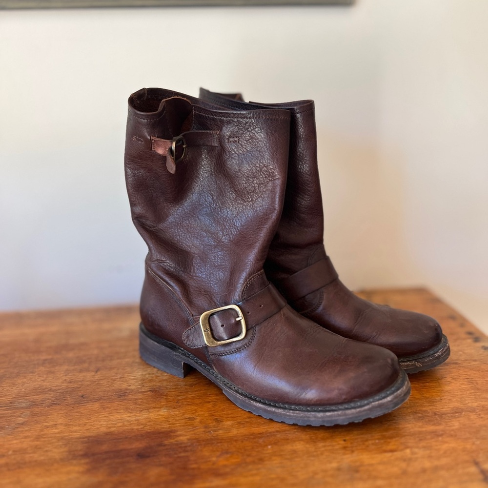 Frye Dark Brown Leather Buckle Ankle Boots
